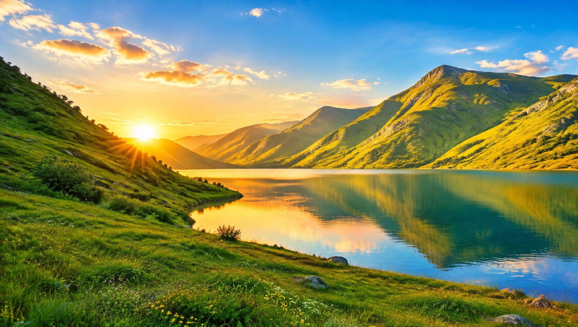 Montanhas verdes e lago calmo refletindo o céu azul e dourado ao nascer do sol